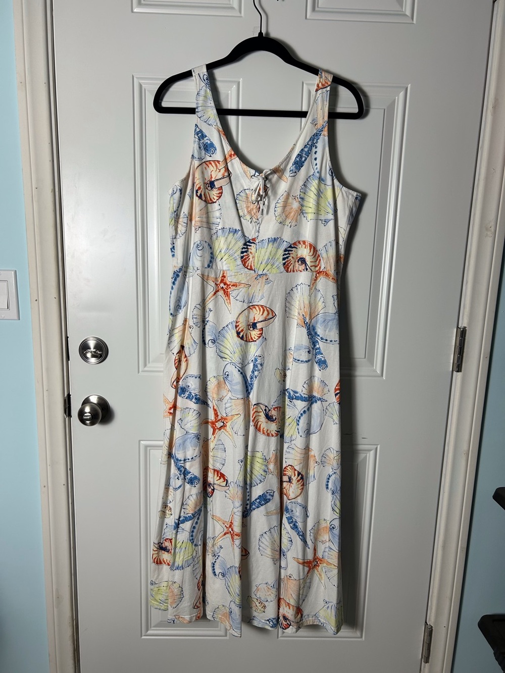 Cotton Sea Shell Print Tank Dress Keyhole Front Tie XL Coastal Resort Island